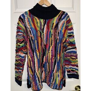 COOGI 3D Knit Sweater Large MultiColor Abstract Turtleneck Textured Mercerized